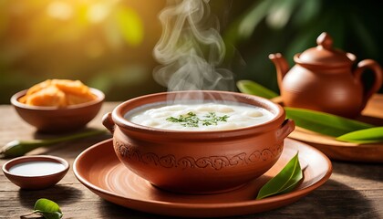 Delicious vegan cream soup with dumplings served steaming hot in rustic terracotta bowl, accompanied by bread and a teapot, perfect for a healthy and comforting meal