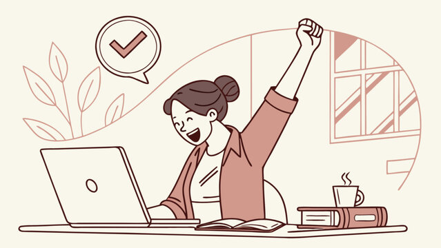 Successful woman celebrating achievement with laptop work success online course happy employee project done