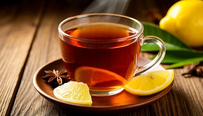Steaming glass cup filled with rich black tea, garnished with fresh lemon and aromatic star anise, resting on a rustic wooden saucer
