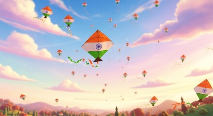 Vibrant Indian Flag Kites Soaring in a Dreamy Sky, Celebrating Independence Day
