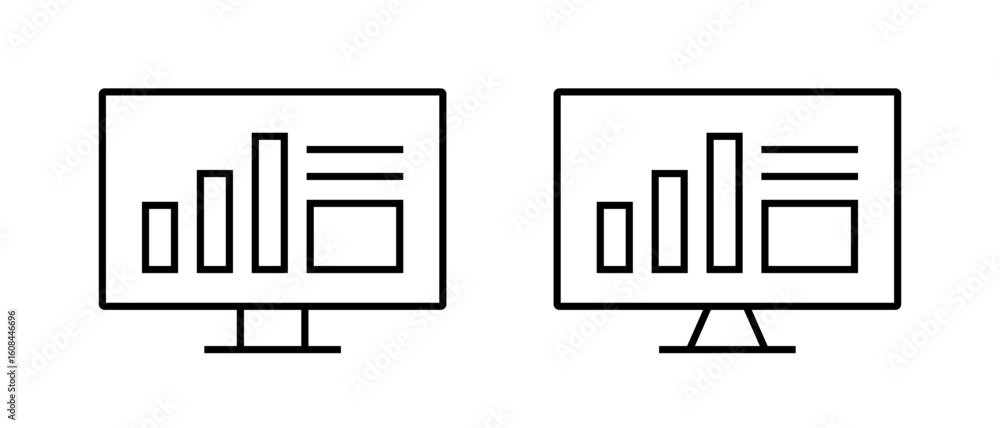 Poster monitor screen icon with bar chart and infographic line. data and statistics display symbol. editabl