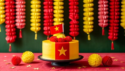 Festive cake decorated with Vietnam flag colors and traditional paper lanterns, celebrating Vietnam National Day