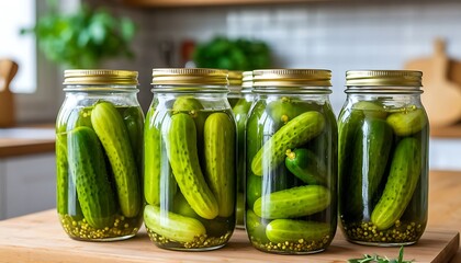 Glass jars filled with pickled cucumbers, preserving the fresh taste of summer, stand on a wooden table in a kitchen