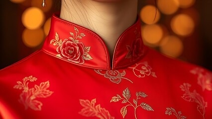 Silk cheongsam collar with peony embroidery, exuding elegance and festive spirit for China National Day.