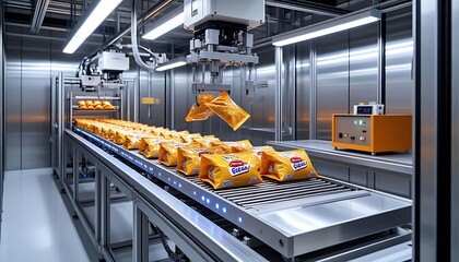 Robotic arm efficiently moving packaged snacks along a conveyor belt inside a modern food factory