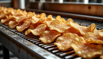 Close-up of a conveyor belt carrying freshly salted potato chips, highlighting the industrial food production process