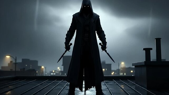 A mysterious figure cloaked in shadows stands vigilantly on a rain-soaked rooftop, wielding twin daggers under a brooding, nocturnal sky.