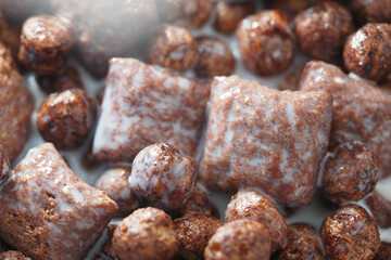 Breakfast cereal in a bowl with milk and chocolate flavor