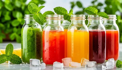 Variety of colorful smoothies and juices in glass bottles with ice cubes and mint leaves on a marble table