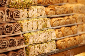 Vibrant display of turkish delight in market