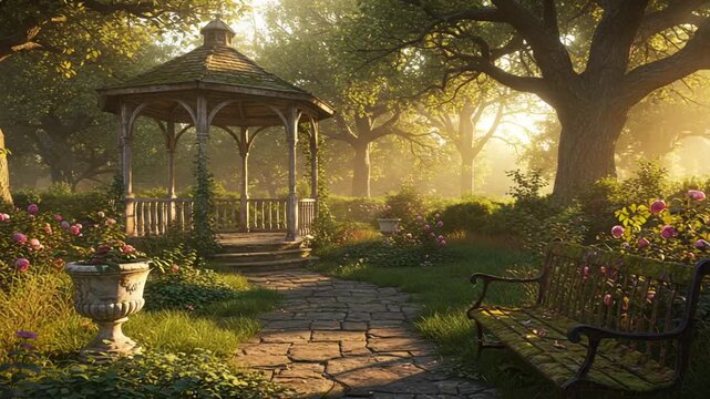 Serene garden gazebo surrounded by blooming flowers