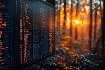 Futuristic digital display amidst a serene forest at sunset, blending technology with nature for innovative and eco-friendly concepts.