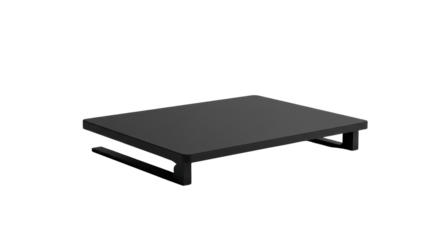 Minimalist black computer monitor stand and desk shelf isolated PNG with Transparent Background