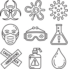 Biohazard & Contamination Alert Line Icons Bacteria, Viral Threats, Chemical Danger, and Personal Protection Equipment