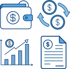 Financial icons representing budgeting, investments, growth, and business success in a clean style
