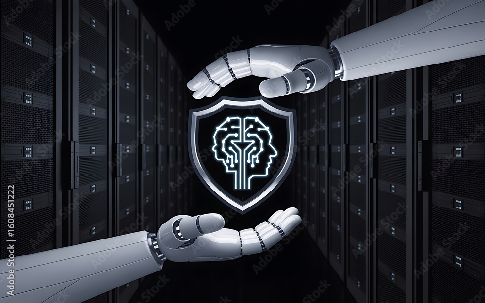 Aufkleber robotic hands protecting a shield icon symbolizing ai brain security in a server room. advanced conc