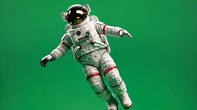 Astronaut floating in zero gravity against a green screen background, wearing a spacesuit with a reflective gold visor - Powered by Adobe