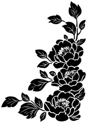 Minimalist Peony Flower Corner Border in Black Outline