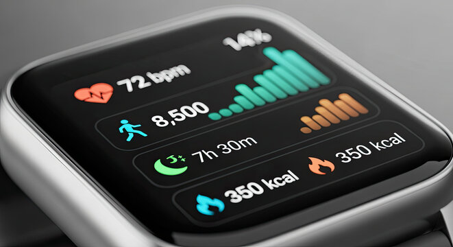 Telemedicine and Digital Healthcare Platforms. Smartwatch displaying health metrics like heart rate, steps, and calories burned.