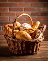Variety of breads in a basket against brick wall