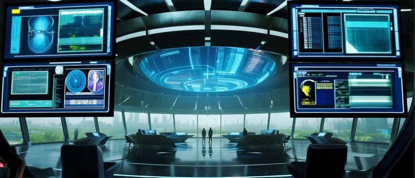 Futuristic Command Center Interior with Advanced Holographic Display and Digital Screens for Data Analysis in a High-Tech Environment