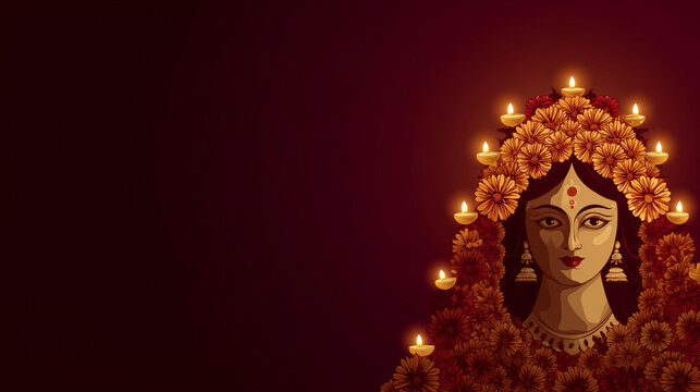Bhuvaneshvari Jayanti banner, artistic face outline of Goddess Bhuvaneshvari with marigold garlands and glowing diya lamps,