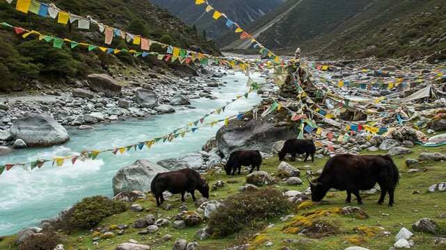 Yaks Grazing by a River with Prayer Flags in Mountains