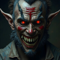 Naklejka premium Creepy Creature Smiling with Glowing Eyes and Sharp Teeth