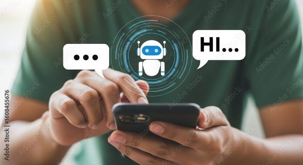 Poster close-up of person using smartphone with chatbot interface. ai chatbot interaction with digital over