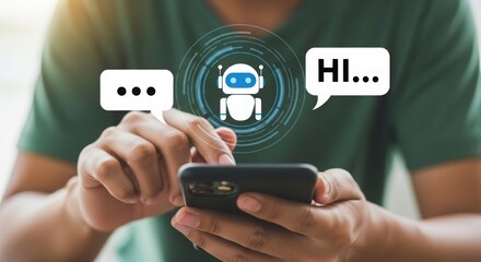 Close-up of person using smartphone with chatbot interface. AI chatbot interaction with digital overlay. Modern tech communication with blue robot icon.