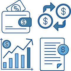 Collection of modern financial icons illustrating wallet growth transactions and dollar sign elements