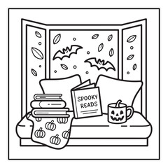 Bold and Easy Cozy Halloween Coloring Pages, Line Art, Vector Illustration, Black and White, Halloween, Coloring Pages, Coloring Book, 8.5x8.5" Design, Halloween holiday