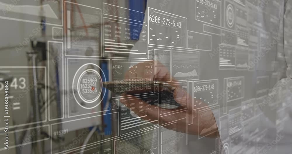 Poster technician raising tablet initiating data panels in tech lab scrolling panels analyzing metrics