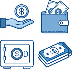 Financial icons depicting money savings wallet bank and cash isolated on white background