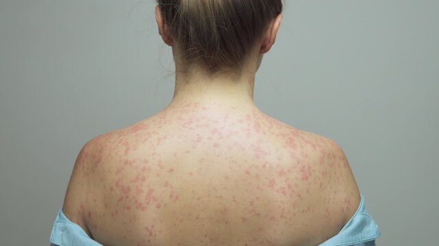 A woman with a red, spotty rash caused by measles.