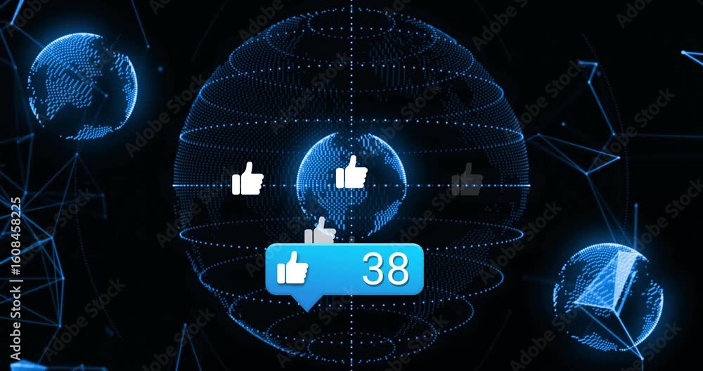Poster empty bubble popping central globe starting likes adding around rotating globe showing engagement