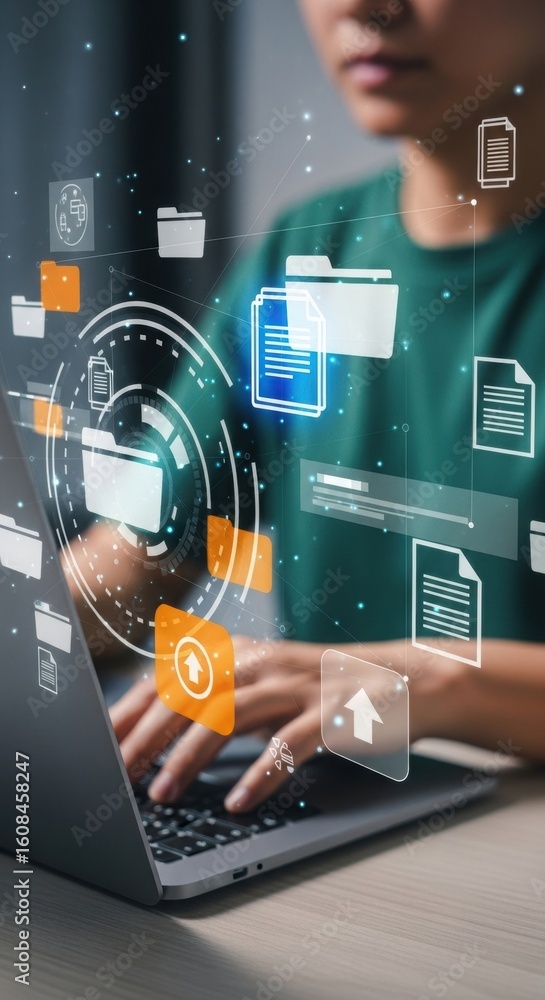 Poster futuristic digital workspace with holographic interface. person using laptop with floating tech icon
