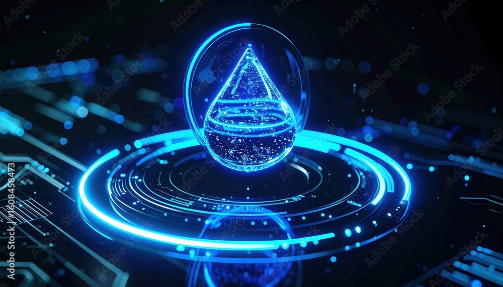 Poster digital futuristic glowing water droplet with triangular shape surrounded by vibrant blue light effe