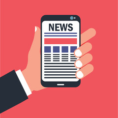 Hand holding smartphone and reading online news feed. Breaking news on mobile phone screen