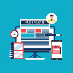 Press release concept. Notebook with articles and text. Mass media and work with audience, information and knowledge