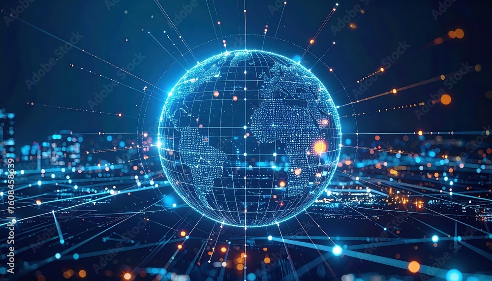 Poster futuristic digital globe with interconnected data streams and glowing network lines representing glo