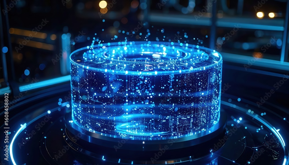 Poster futuristic holographic display with glowing blue digital particles in dark sci-fi environment, high-