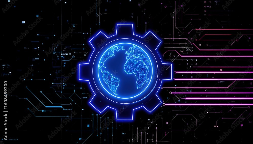 Poster futuristic digital globe surrounded by technology gear interconnected with glowing circuit lines rep