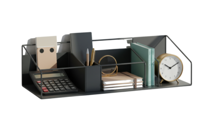 Modern black office desk organizer with stationery and supplies isolated PNG with Transparent Background