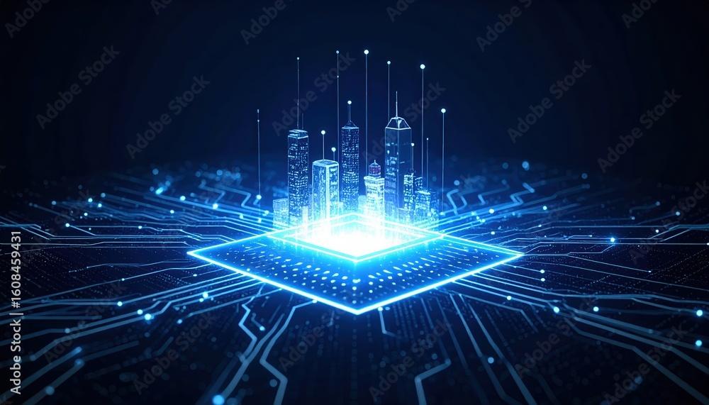 Aufkleber futuristic digital microchip with glowing blue cityscape and connecting lines representing advanced 