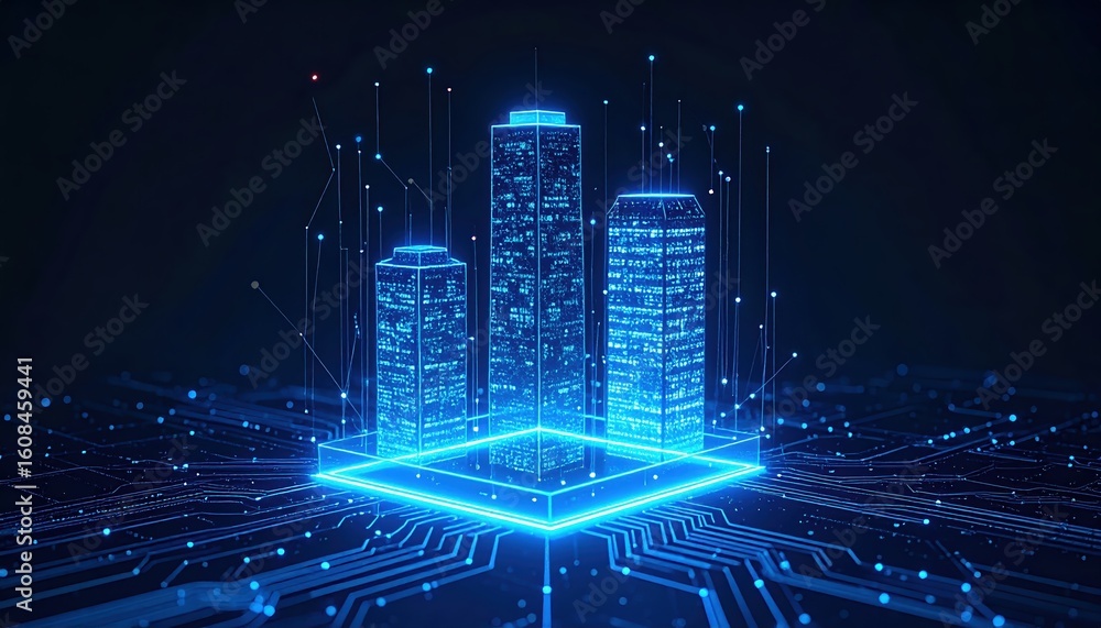 Poster advanced digital technology concept illustrating interconnected futuristic skyscrapers with glowing 