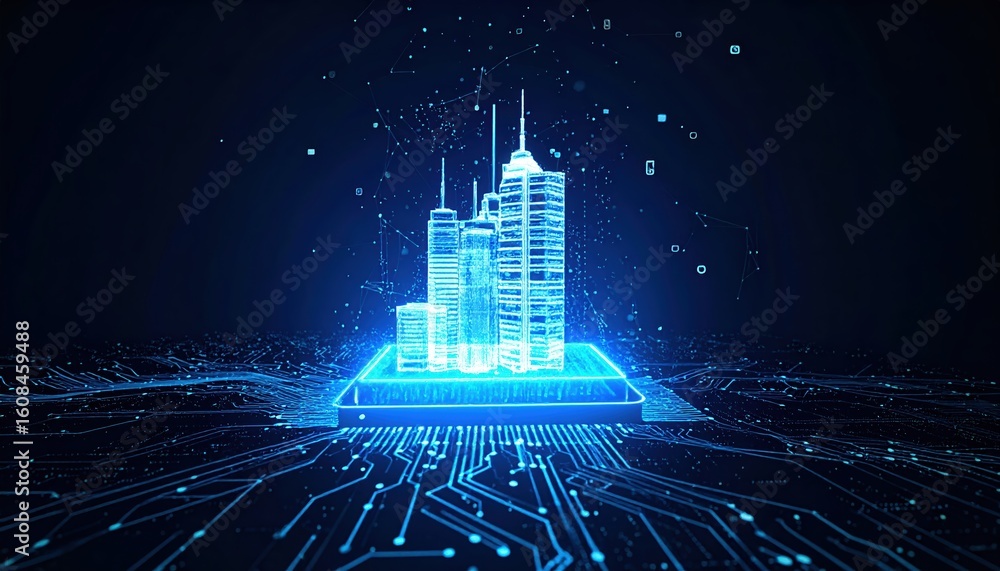 Poster futuristic digital glowing cityscape with skyscrapers and technological grid in a digital virtual en