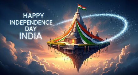 Floating Indian Temple with Independence Day Greetings, Sparkling Trail, and Clouds.