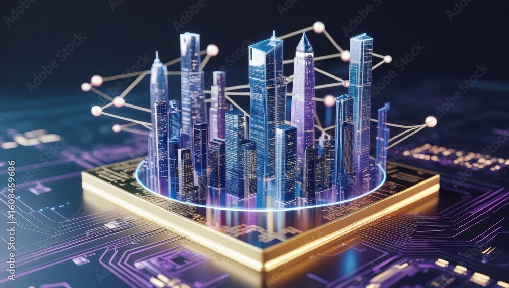 Aufkleber futuristic digital cityscape with neon lights skyscrapers and interconnected network of glowing data