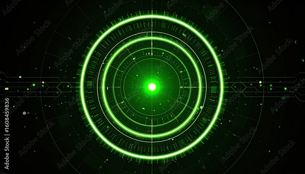 Poster futuristic green digital radar screen display with concentric circles and dynamic data visualization